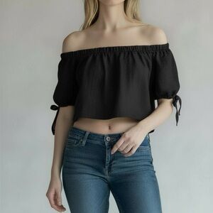 Reformation Black Off the Shoulder Linen Blend Cropped Tie Sleeve Top Size XS